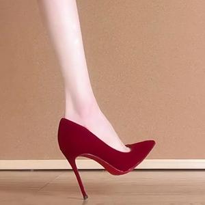 8355 <span class=keywords><strong>rouge</strong></span> Ultra haute mince femmes chaussures de mariée polyvalent peu profond Sexy Stiletto daim supérieur 8cm hauteur élégant bout pointu pompes - Product Image 1