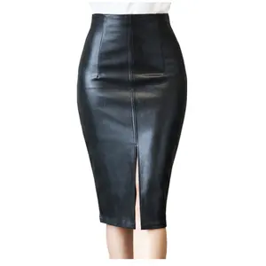 Jupe en cuir Pu jupe fendue taille haute mi-longue jupes longues en cuir enveloppantes couvrant les hanches noires pour femmes