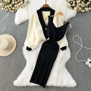 Thickened V-Neck Short Sweater Cardigan Coat Two-Piece Set Of All-In-One Knitted Halter Dress For Women