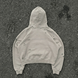 Sudadera con capucha para hombre, de gran tamaño, estilo vintage, lavada, con cremallera, corte holgado, desgastada, con logotipo bordado personalizado de fabricantes, de alta calidad - Product Image 2