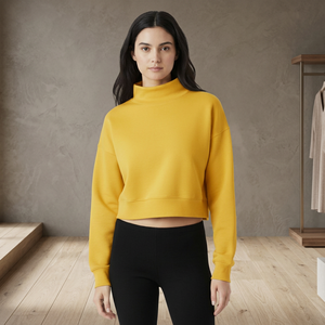 Sweat-shirt à col rond pour femme en tricot uni jaune moutarde avec broderie et motif tie-dye, longueur normale, pull-over - Product Image 1