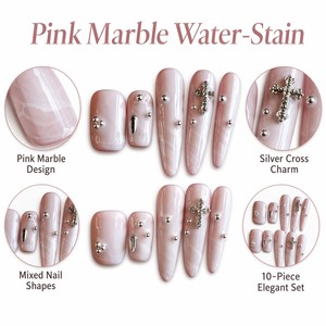 Uñas postizas acrílicas 3D con diamantes de imitación rosas, de cobertura completa, en formas cuadradas, stiletto y ataúd para dedos. - Product Image 2