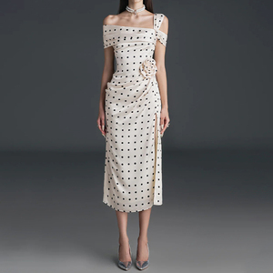 ZYHT 73507 elegante <span class=keywords><strong>abito</strong></span> Midi a <span class=keywords><strong>pois</strong></span> asimmetrico Beige con disegno drappeggiato floreale Det e spacco per eventi formali - Product Image 1