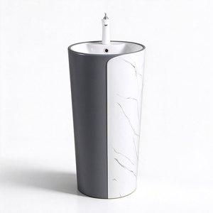 Lavabo cilindrico freestanding <span class=keywords><strong>con</strong></span> accenti in marmo bianco e lavabo a <span class=keywords><strong>colonna</strong></span> in ceramica grigio opaco per <span class=keywords><strong>bagno</strong></span> o toilette - Product Image 1