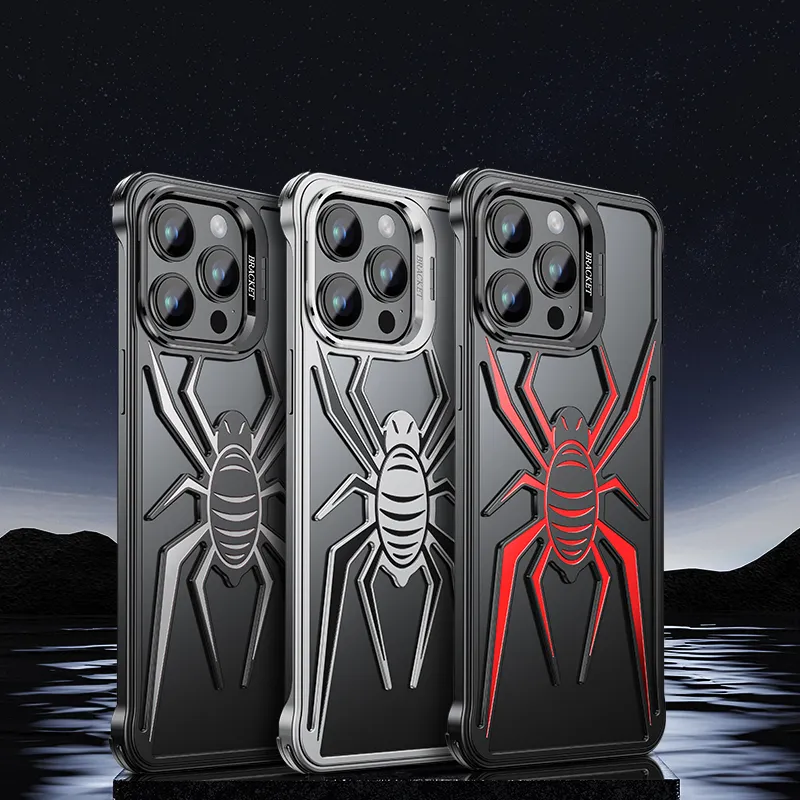 Plattiert Titan Spider Design ultradünner Metallrahmen Aluminium Telefonhülle für iPhone 15 14 13 Pro Max Kameraobjektiv Halterung Hülle