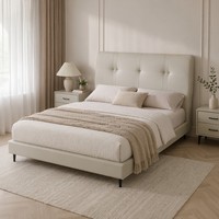 Lit Double de Luxe Tendance en Cuir Écologique Crème, Cadre Solide, Coussin Rembourré, pour Hôtel, Villa, Chambre Principale - Vente en Gros