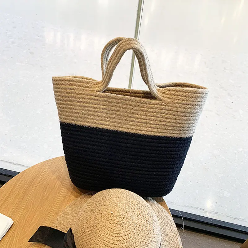 Travel Beach Woven Handbag Woven Shoulder Bag Cotton Rope Macrame Bag Beach Bag Crochet Knit Purse for Women Girl