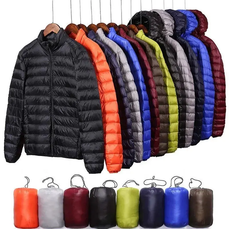 Atacado Luz Quente Pena De Pato Logotipo Personalizado Nylon Preto Com Capuz Inverno Bolha Puff Filled Puffer Casacos Casaco Para Homens