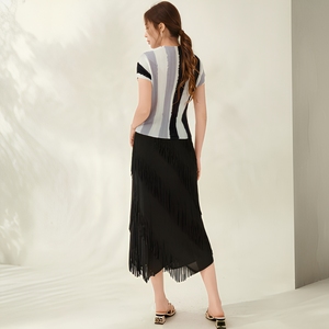 Nouvelle Collection Été 2026 : Haut Plissé Décontracté à Rayures pour <span class=keywords><strong>Femme</strong></span>, <span class=keywords><strong>Manches</strong></span> <span class=keywords><strong>Courtes</strong></span>, Élastique et Séchage Rapide, Style Miyake - Product Image 5