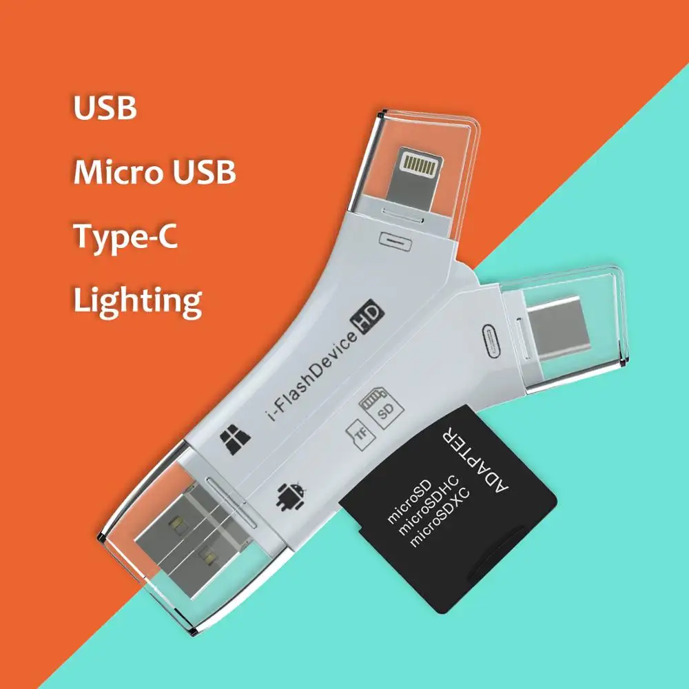 Hitam Putih Warna 4 In 1 Card Reader USB-C SD Usb Flash Drive untuk Iphone 11 Pro Max