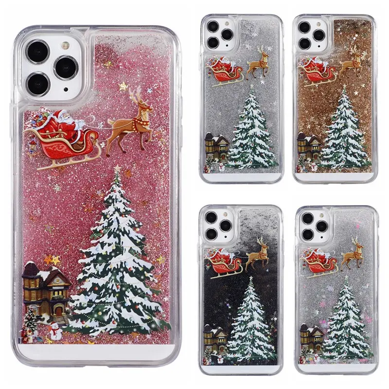 Fashion Christmas Phone Case Liquid Floating Quicksand Bling Glitter Snowman Tree Cute Cell Phone Case For iPhone 13 12 Pro