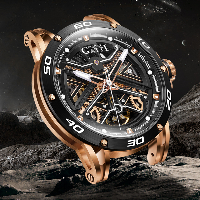 Bonest Gatti Japan Automatic Movement Stainless Steel Luxury Luminous Rubber Waterproof Brand Hands Hollow Out Wrist BG4601