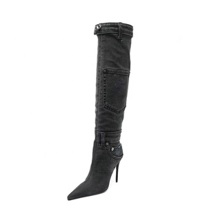 Bottes longues en jean pour femmes, à talons aiguilles fins, bout pointu, avec poches, coupe large - Product Image 3