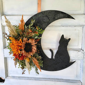 Guirnalda de Halloween con diseño de gato lunar, decoración colgante personalizada para puerta con rama seca, anillo de guirnalda de gatitos, decoración de ambiente para fiestas y paredes - Product Image 1