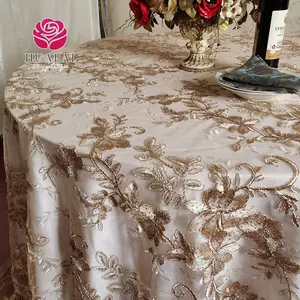 香槟美丽花朵设计亮片刺绣定制圆形蕾丝桌布覆盖婚礼装饰