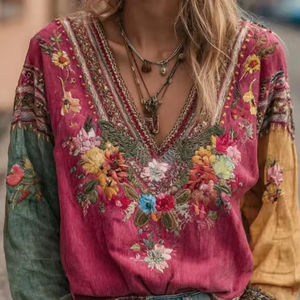 Blus V-neck Kasual Retro Bohemian Wanita dengan Gaya Nasional dan Lengan Panjang - Product Image 1