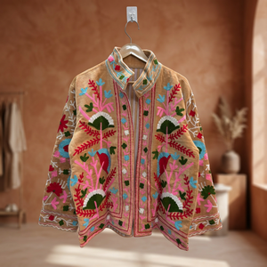Blouson Bomber en Velours Beige Brodé Motif Floral et Oiseaux Col Montant Zippé pour Femme – Vêtement d'extérieur Hiver Personnalisé - Product Image 3
