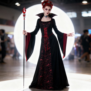 Costume de vampire pour femmes adultes, robe gothique noire et rouge, tenue de cosplay pour fête d'Halloween, tenue de jeu de rôle à manches longues et longueur complète - Product Image 2