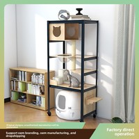 Arbre à chat multi-niveaux Baboney en bois de pin avec bac à litière, étagère, toilette et lit - Sans peinture et structure métallique, style épuré