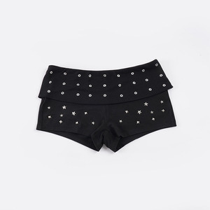 Y2K Rhinestone Eyelet Fold-Over Waistband Knit Shorts – Hot Fix Grommet Sparkle Roll-<b>Down</b> Waist Short <b>Pants</b> for Women - Product Image 2
