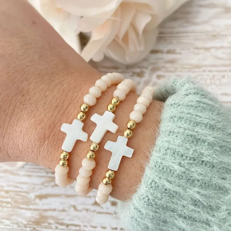 Blessed Religious Gift Mother of Pearl Cross Bracelet Lovely Faith Cream Crystal Beaded Bracelets for Women