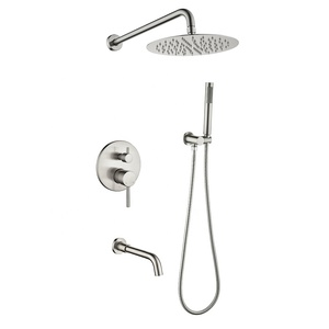 Système <span class=keywords><strong>de</strong></span> douche encastré mural 3 fonctions avec pommeau <span class=keywords><strong>de</strong></span> pluie rond, douchette et bec <span class=keywords><strong>de</strong></span> <span class=keywords><strong>baignoire</strong></span>, finition nickel brossé, ensemble <span class=keywords><strong>de</strong></span> douche pour salle <span class=keywords><strong>de</strong></span> bain, vente en gros - Product Image 1