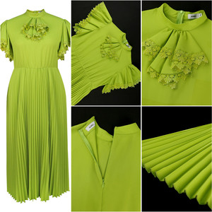AM040301 Vestido Largo de Fiesta Moderno <span class=keywords><strong>para</strong></span> Mujer, Casual, con Lazo Decorativo, Manga con Volantes, Cuello Redondo, Corte en A, Elegante, Plisado, Verde, Formal - Product Image 6
