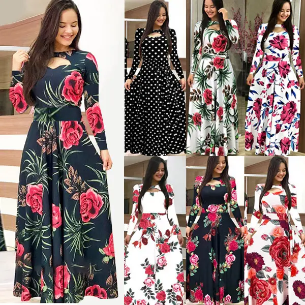 long sleeve floral printed plus size women maxi dresses OC711