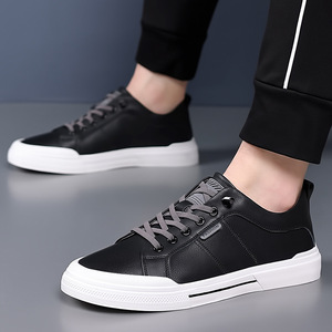 Zapatillas Casuales Blancas para Hombre, Punta Redonda, con Cordones, de Cuero Genuino, Suela de Goma, Estilo Deportivo, para Caminar - Product Image 3