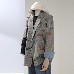 Gray Plaid Graffiti Double Breasted Blazer Women Spring Autumn Folded Cuffs Casual Fashionable Suit Jacket - Product Image 1