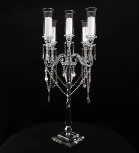 挂珠水晶5臂玻璃烟囱烛台婚礼装饰桌摆件