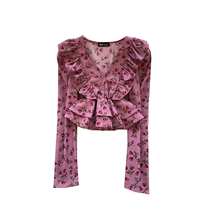 Chemise à fleurs de style français pour femmes, manches longues, col en V, chemisier à volants pour l'automne