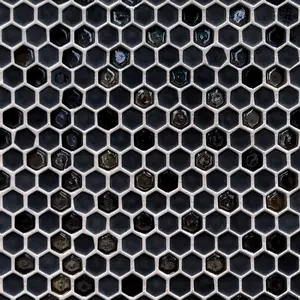 Azulejo de mosaico de vidrio reciclado Sunwings | Stock en EE. UU. | Azulejo de pared y suelo de mosaicos iridiscentes hexagonales negros