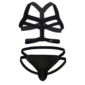 Ensemble soutien-gorge sexy pour homme avec bretelles croisées et string, sous-vêtements noirs en nylon taille basse pour travestissement - Product Image 3