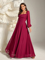 Rose Garden Gala Abaya rouge foncé encolure carrée manches bouffantes jupe volumineuse luxe vêtements modestes fournisseur niveau importation Flex