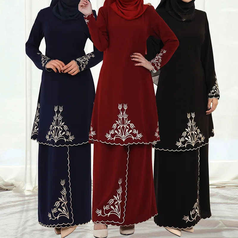 Традиционная мусульманская одежда вышитая Baju Kurung Malaysia сплошной цвет Baju Kurung Muslim комплект из двух предметов