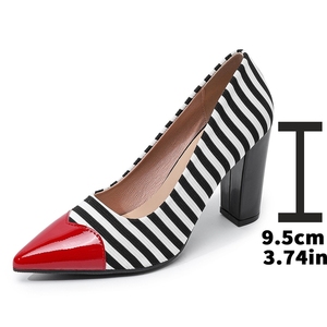 Scarpe da Donna Eleganti e alla Moda con Tacco Alto, Punta Affusolata, Scollatura Bassa, Tacco Spesso a Righe Bianche e Nere - Product Image 6