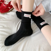 Chaussettes mi-mollet en coton sans couture, style coréen, grises, avec étiquette tissée, empilables, pour femme, printemps-été, décontractées