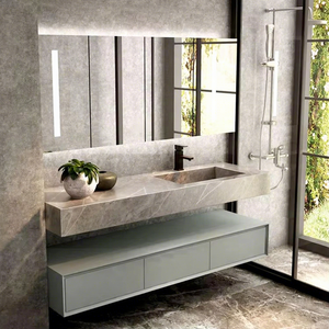 Meuble-lavabo de salle de bain d'hôtel de luxe avec design mural flottant, miroir et lavabo modernes étanches - Product Image 4