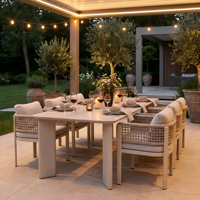 Ensemble de salle à manger d'extérieur pour 6 personnes, table en aluminium 7 pièces avec plateau en pierre frittée et 6 chaises en corde, imperméable, résistant au soleil et à la rouille