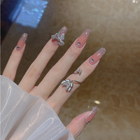 Oferta Especial: 24 Uñas Postizas Cuadradas con Punta Francesa Color Nude, Diseño 3D con Lazo y Diamantes de Imitación, Reutilizables, de ABS, con Pegamento para Mujer