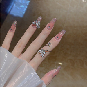 Oferta Especial: 24 Uñas Postizas Cuadradas con Punta Francesa Color Nude, Diseño 3D con Lazo y Diamantes de Imitación, Reutilizables, de ABS, con Pegamento para Mujer - Product Image 3