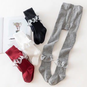 Leggings moulants en dentelle évasée pour filles, bas tricotés à pieds pour enfants, collants en coton peigné pour bébé - Product Image 2