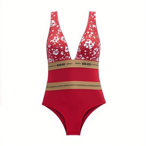 Traje de baño de una pieza para mujer, cuello en V profundo, estampado floral, cintura alta, Push Up, Spandex, poliéster, traje de baño elástico 8229-O12 - Product Image 1