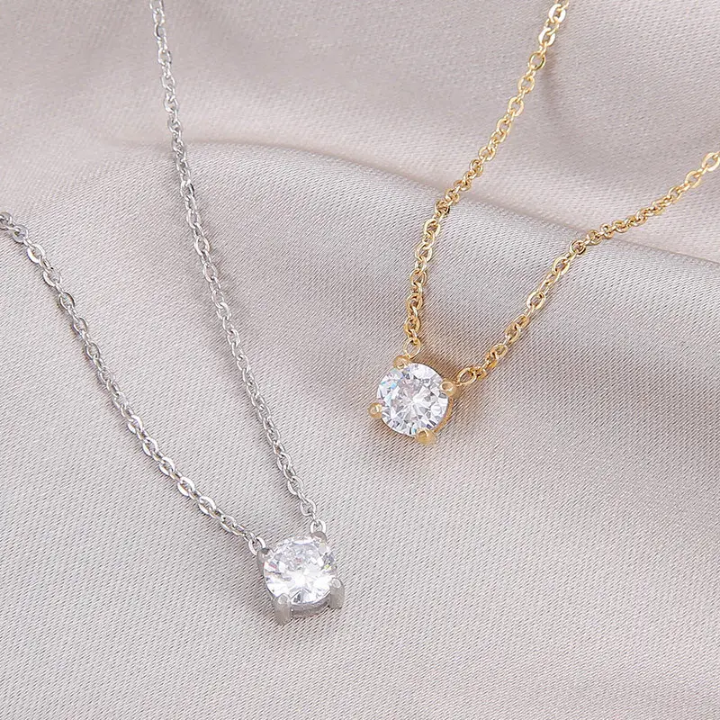 Stainless Steel Zircon Round Pendant Necklaces For Women Men CZ Crystal Lover Clavicle Choker Valentine Jewelry Gift