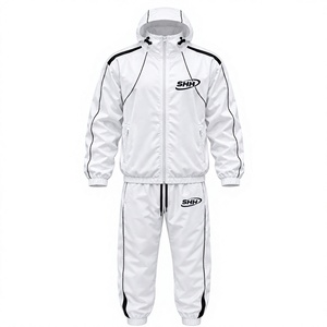 Conjunto Deportivo Personalizado con Capucha Blanca para Hombre, Chaqueta Ligera con Cierre Completo y Pantalones Jogger con Ribete en Contraste, Conjunto para Exteriores - Product Image 1