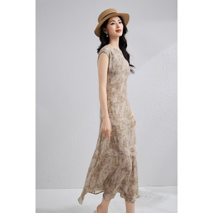 Robe longue 100% soie, col rond élégant, amincissante, luxueuse, haut de gamme pour femme, charme féminin - Product Image 3