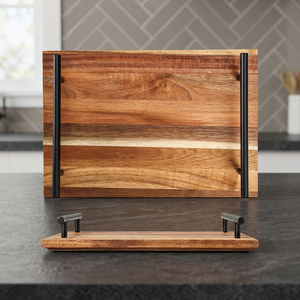 Custom Polished Minimalist Kitchen & Tabletop Acacia Wooden Breakfast & Back to School Serving Tray with Metal Handle <b>Plate</b> Dish - Product Image 3