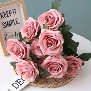 M-RB01 Hot Sale 10 Heads Wedding Decorations Artificial Silk Dusty Pink Rose Bouquet Flowers