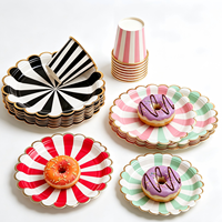 Assiettes en papier rayées jetables à estampage à chaud avec bord doré, vaisselle de fête pour anniversaire, baby shower, carnaval